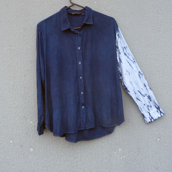 Glassons Brand 100% Linen Indigo Dyed Shibori Shirt