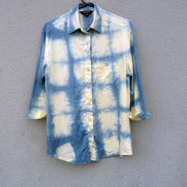 Glassons Brand 100% Linen Indigo Dyed Shibori Shirt