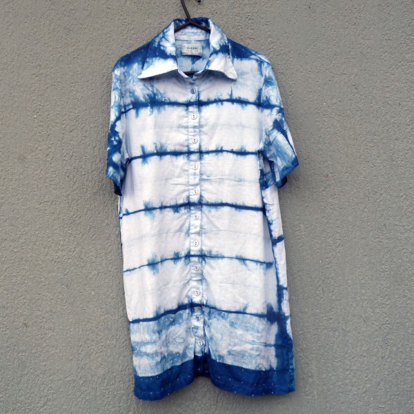 Dissh Brand Indigo Dyed Shibori Long Linen Shirt / Short Skirt