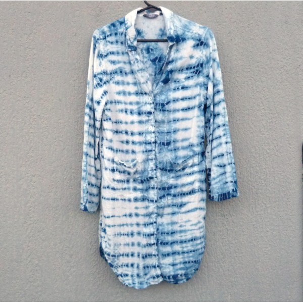 Eadie Brand Long Linen Indigo Dyed Shibori Shirt