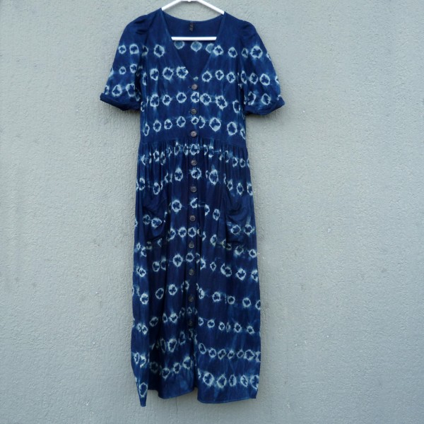 Indigo Dyed Shibori Long Dress Linen and Viscose