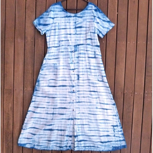 Indigo Natural Hand Dyed Shibori Long Linen Dress Medium